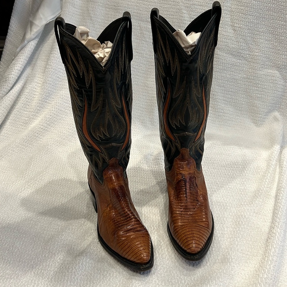 Dan Post leather/lizard cowboy boots sz women’s 5 1/2 black and tan gently used